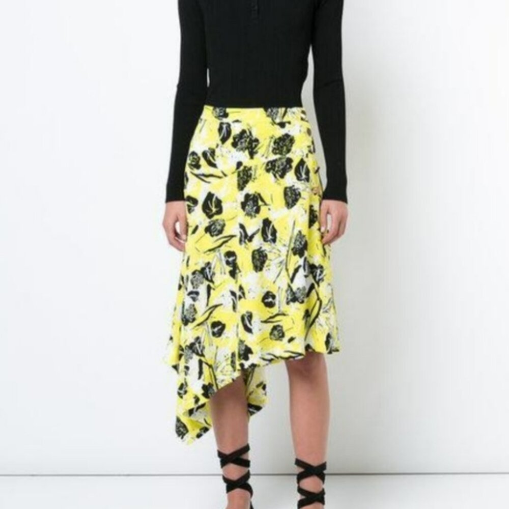 10 Crosby Derek Lam Asymmetrical Midi Skirt Yellow Floral Print Size 4
